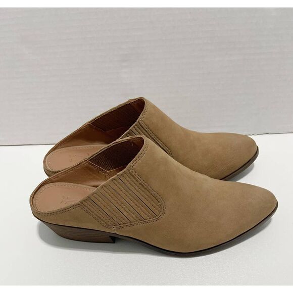Frye Rowen‎ Gore Suede Leather Mule Slip Stacked Heel On 6.5 Beige - Picture 2 of 10